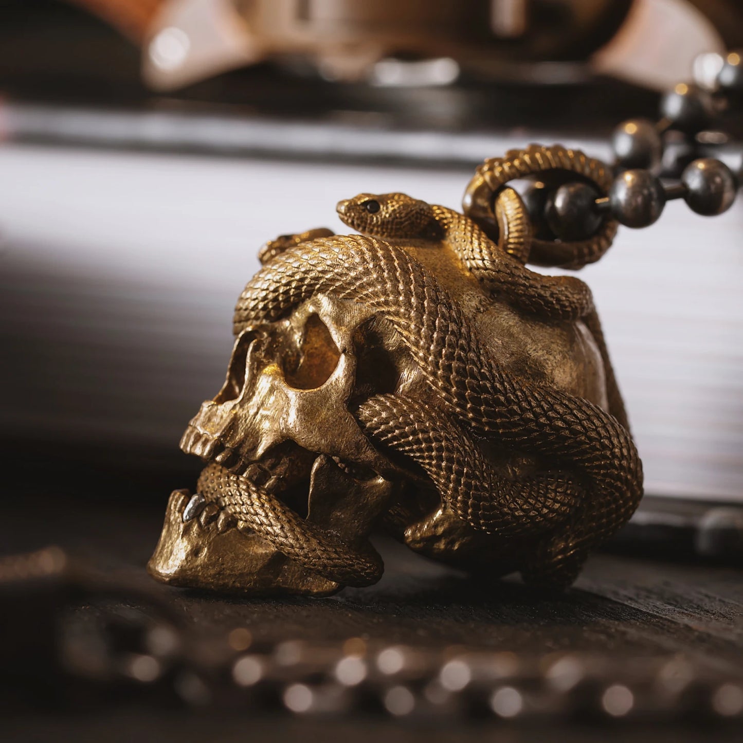 Brass Skull Snake Charm Pendant Details 07