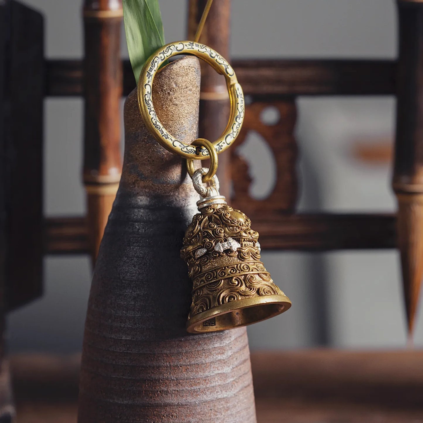 Brass with Silver Lion-Biting Sword Bell Details 07