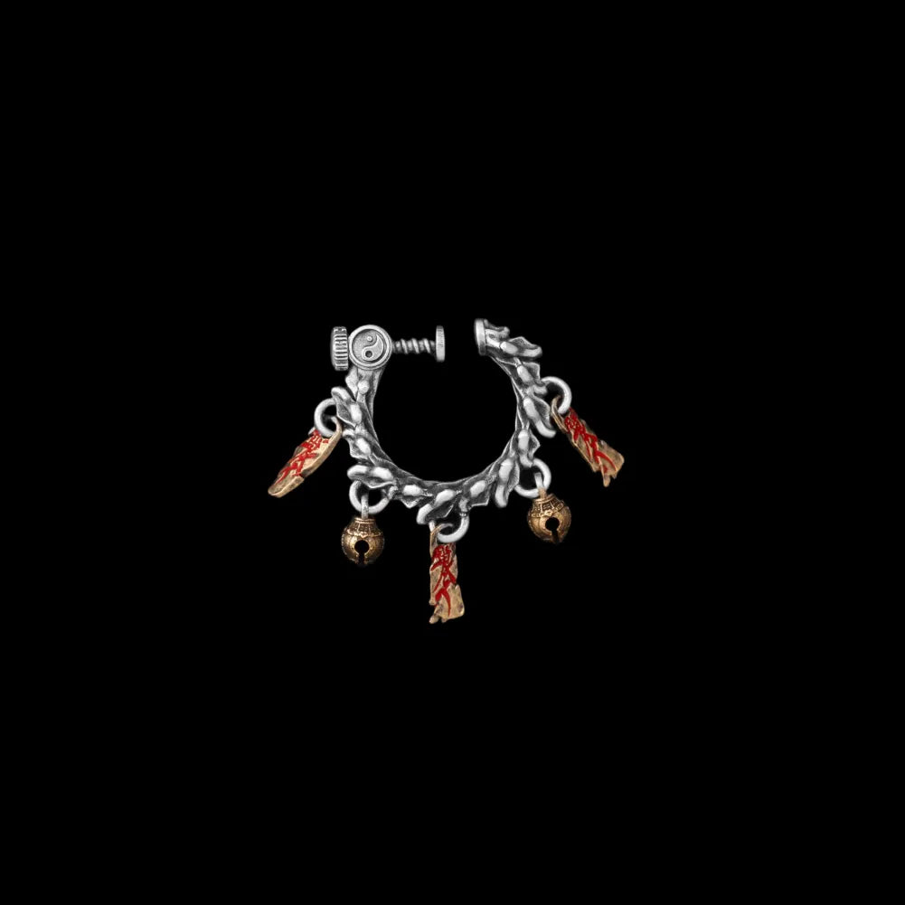 Celestial Chime Ear Clips Oxidized Silver Brass Cinnabar Single Black Background