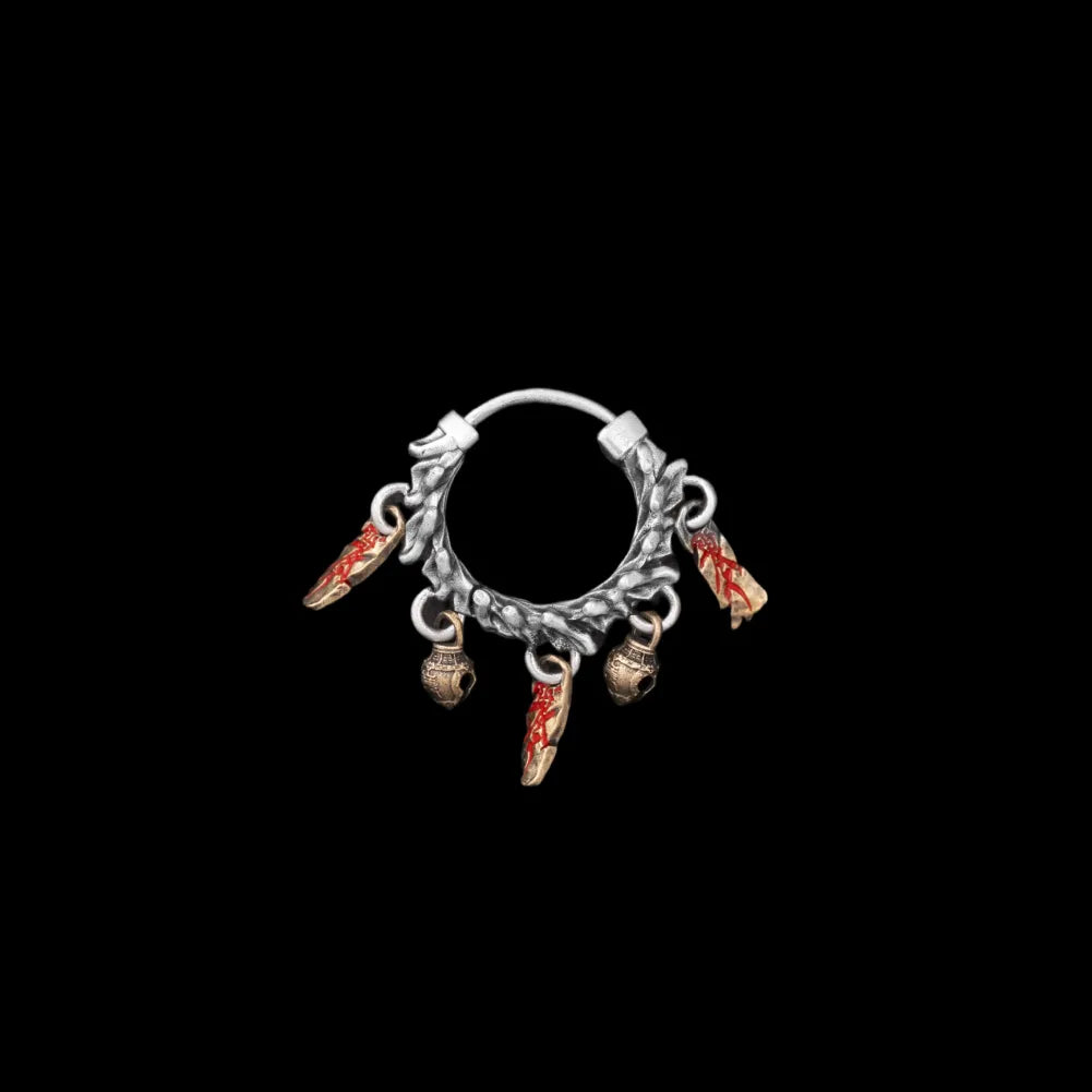 Celestial Chime Earrings Oxidized Silver Brass Cinnabar Single Black Background