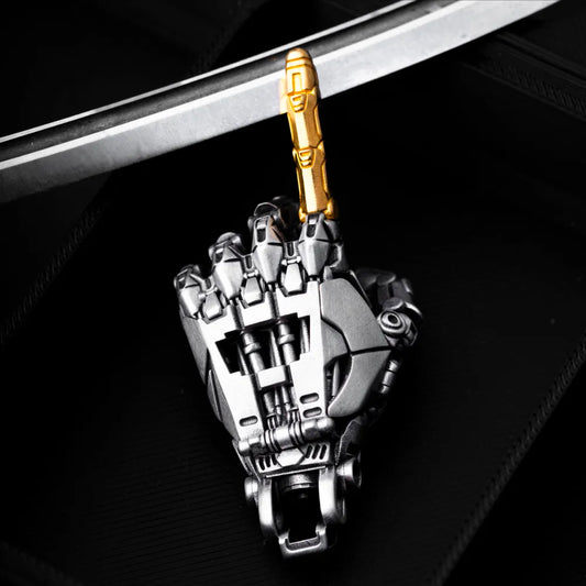 Customized Oxidized Silver with 24K Gold Mechanical Hand Pendant Details 01