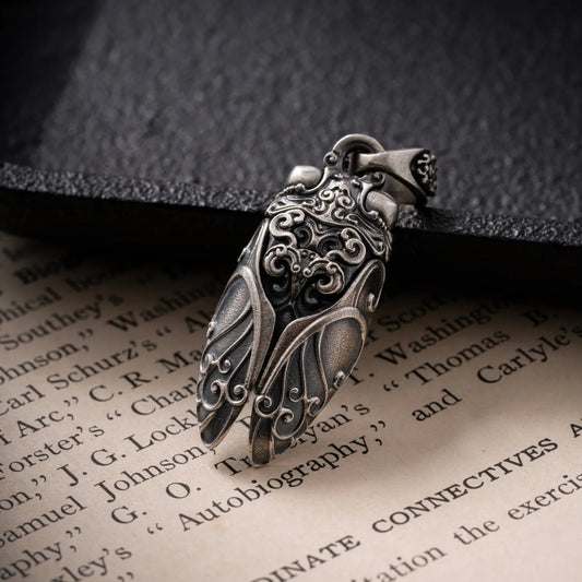 Customized Full Oxidized Silver Cicada Pendant Details 02