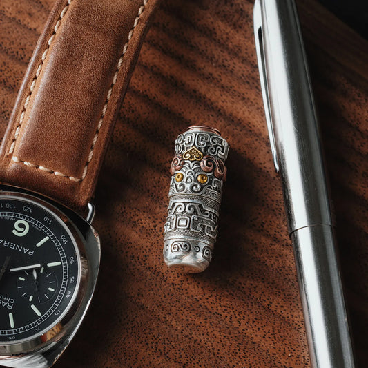 Customized Oxidized Silver Inlaid 18K Gold Oriental Patterned Box Opener Details 02