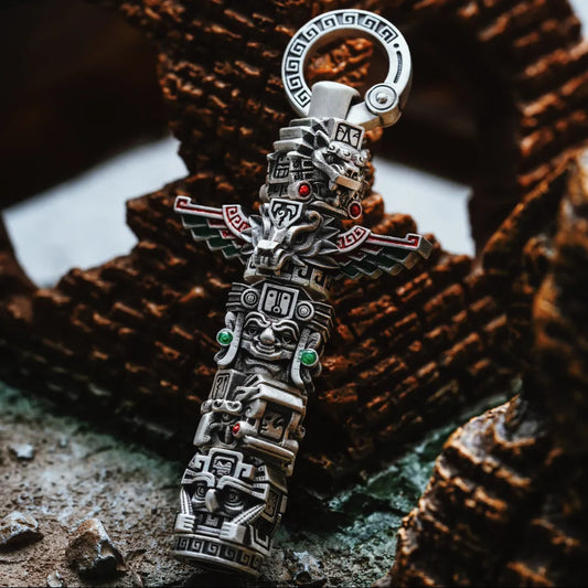 Customized Oxidized Silver Mayan Totem Pendant Details 02