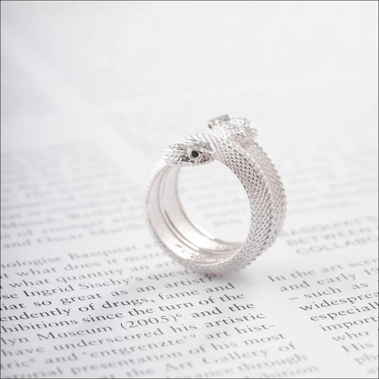 Customized Silver Amphisbaena Triple Layer Ring with Gemstone Eyes Details 01