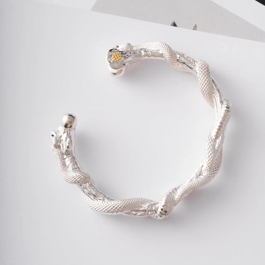 Customized Silver Snake Cuff Bracelet With Gemstone Eyes Details 01