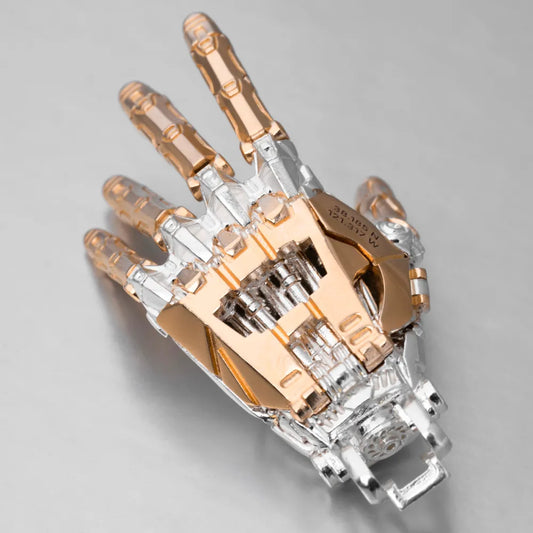Customized Silver and 14K Gold Mechanical Hand Pendant Details 01