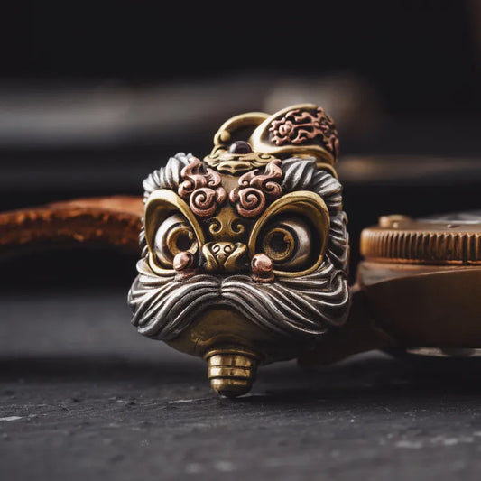 Brass Dancing Lion Fidget Pendant Details 02
