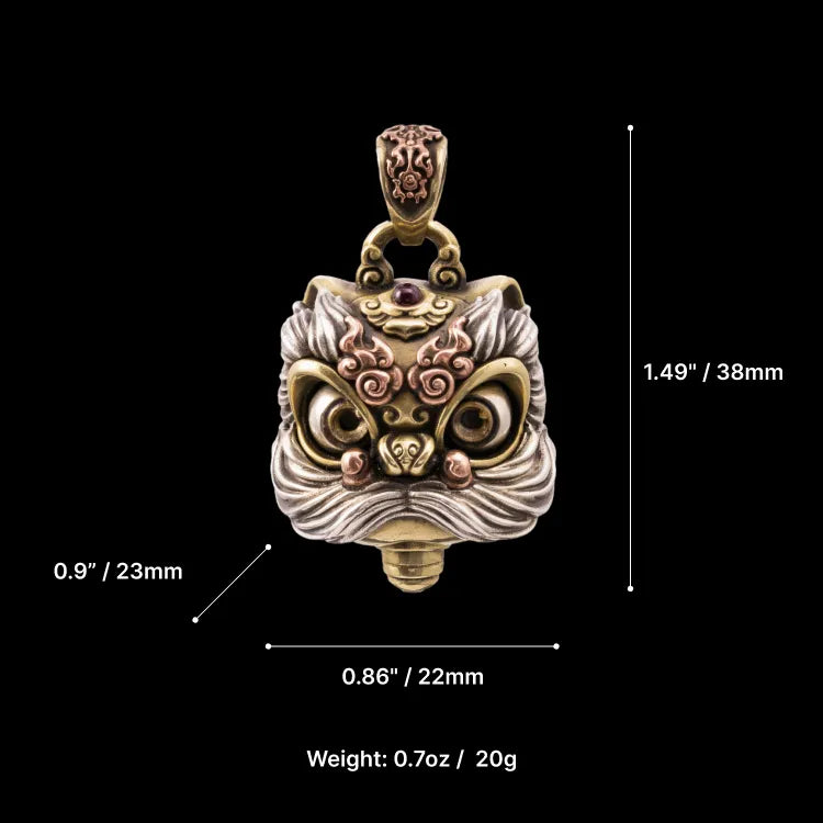 Brass Dancing Lion Fidget Pendant Details 09