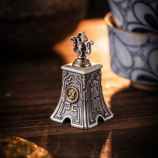 Oxidized Silver Taoist Bell Details 01