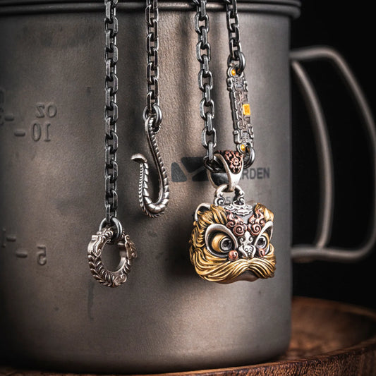 Oxidized Silver Dancing Lion Pendant 2 Details 05