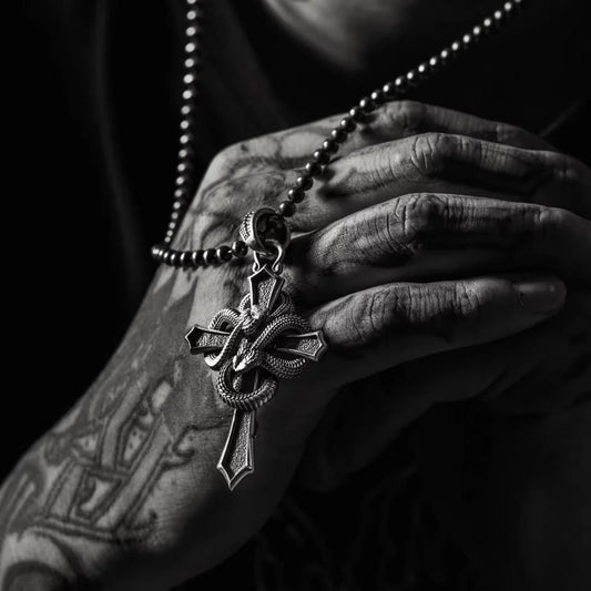 Oxidized Silver Double Snake Cross Pendant 01