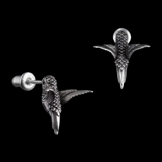 Oxidized Silver Hummingbird Stud Earrings