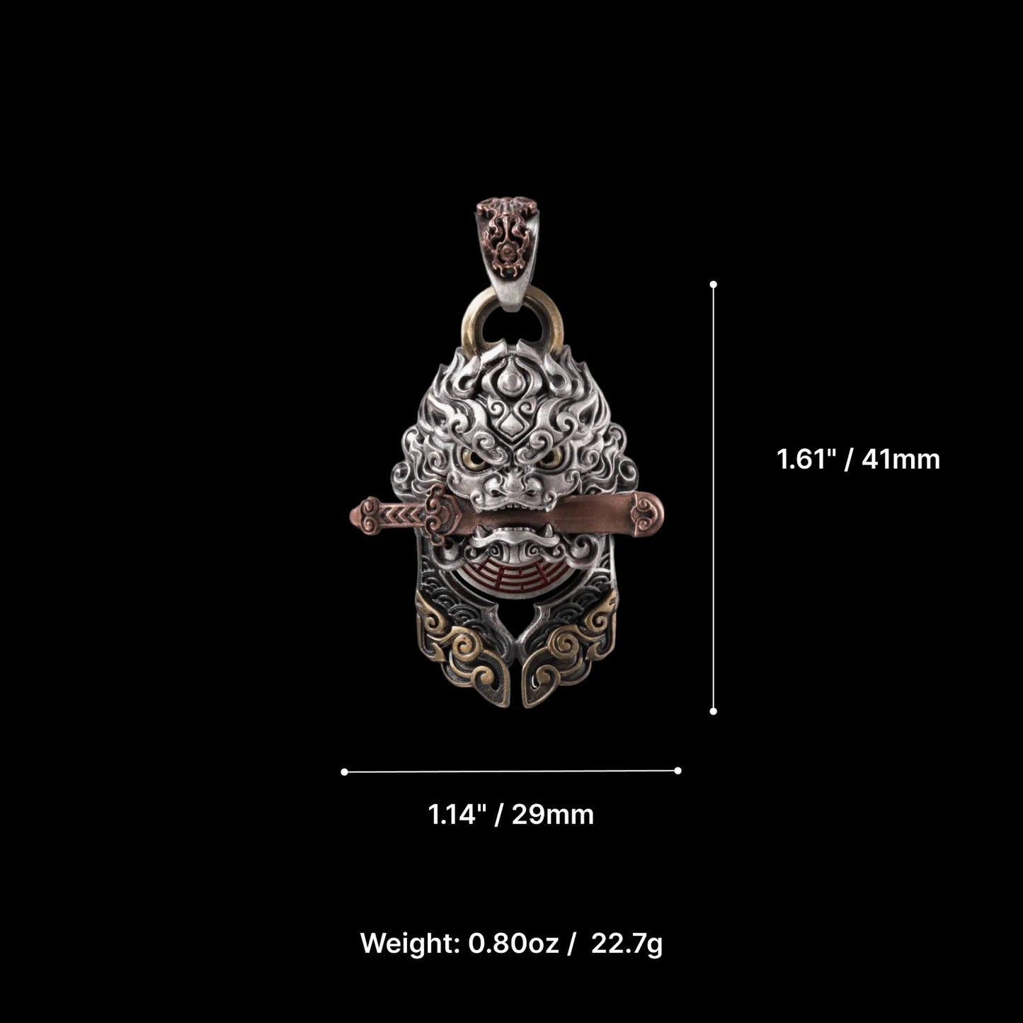 Oxidized Silver Shan Gui Lion Sword Pendant Parameter