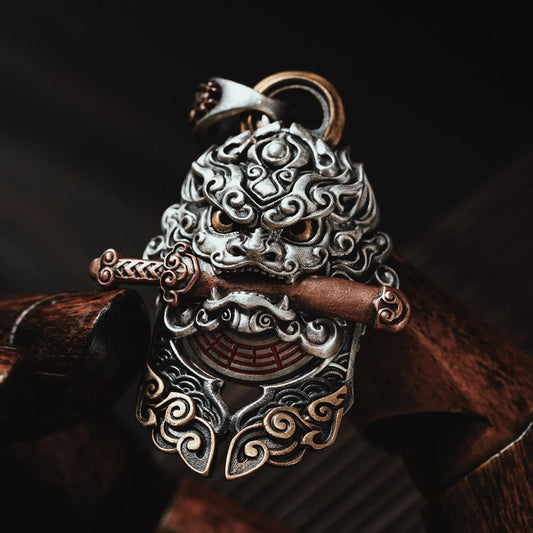 Oxidized Silver Shan Gui Lion Sword Pendant Details 02