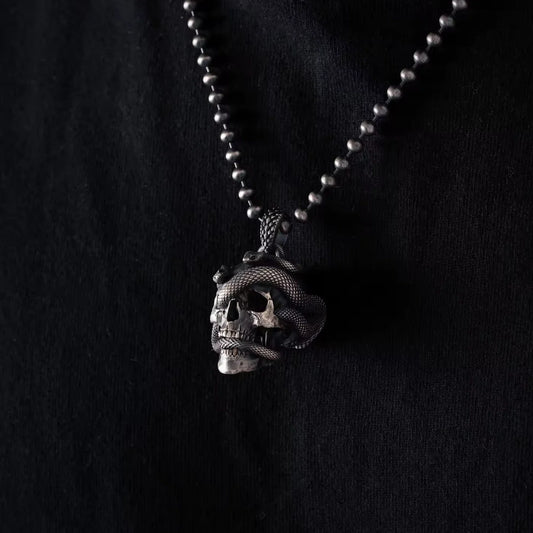 Customized Oxidized Silver Skull Snake Pendant with Gemstone Eyes Details 01