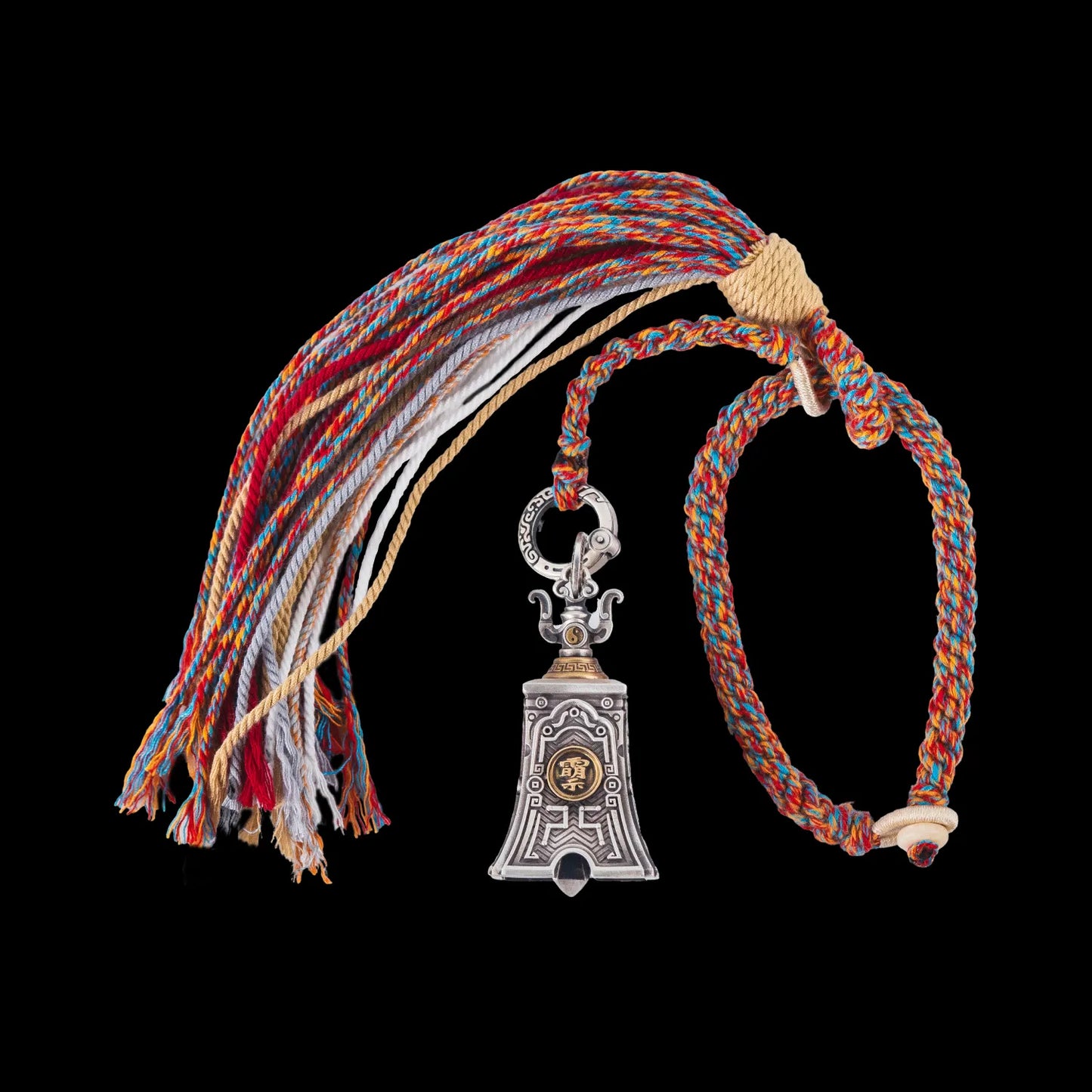 Oxidized Silver Taoist bell with Hand braided bracelet