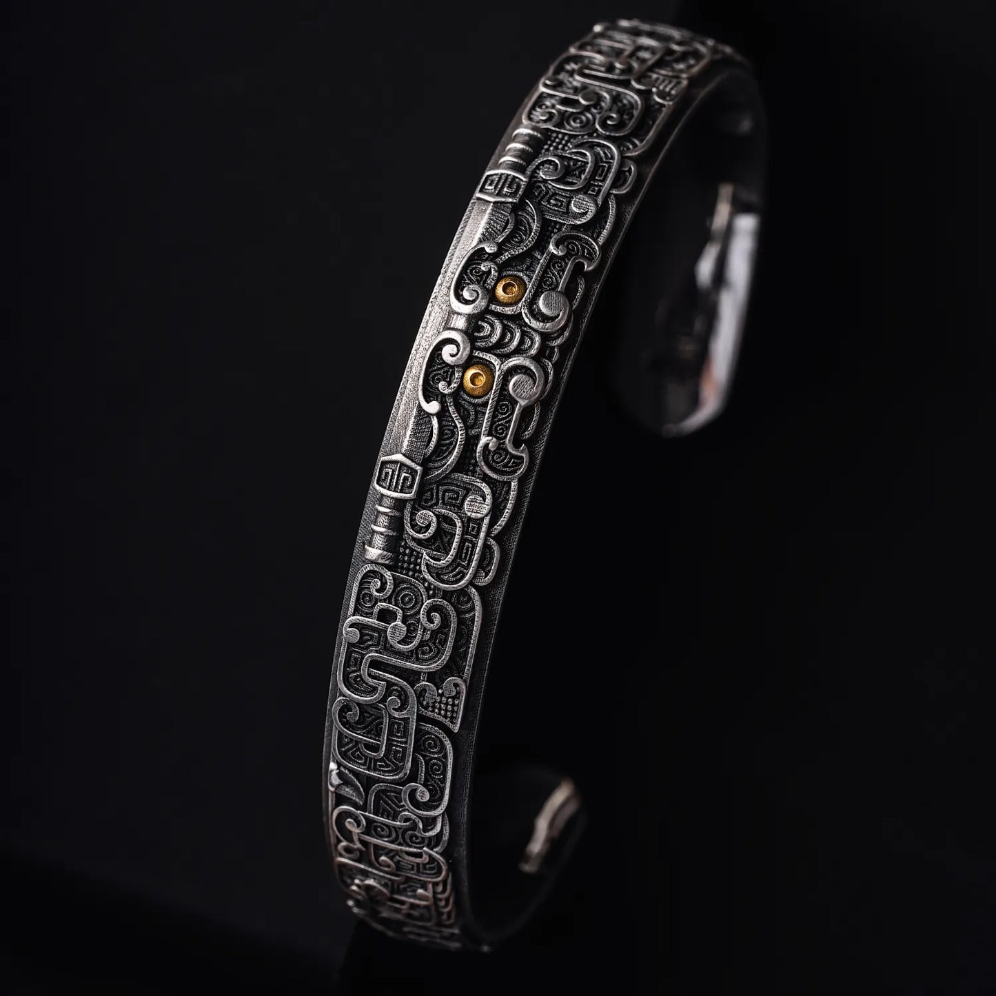 Oxidized Silver with 24K Gold Oriental Patterned Bracelet Details 06