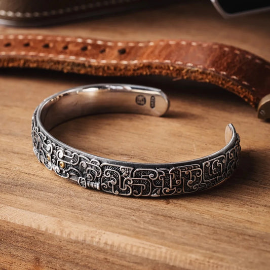 Oxidized Silver Inlaid Brass Oriental Patterned Bracelet Details 08