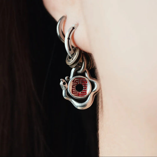 Silver With Cinnabar Snake Amulet Charm Masterblade Talisman Earrings Details 03