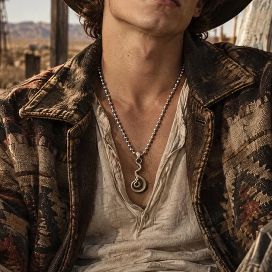 Man wearing the brass coiled serpent pendant on a bead chain outdoors