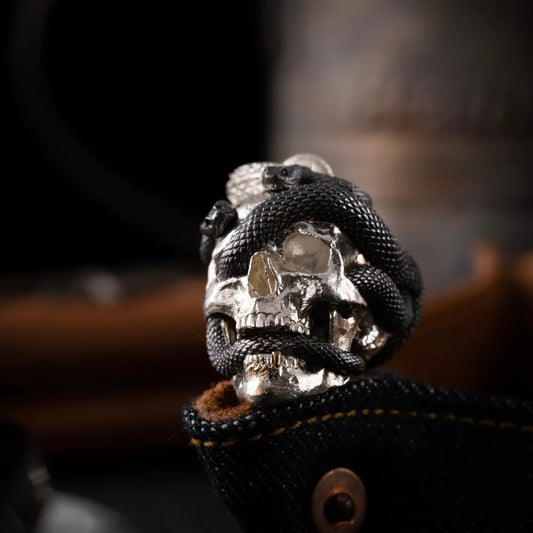 customized Silver Skull with oxidized Silver Snake Pendant Details 01