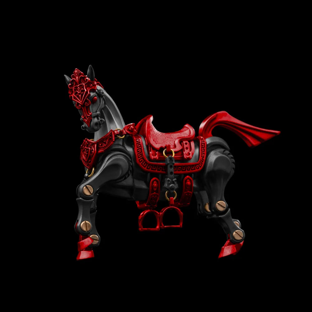 Black and scarlet red Heroic Steed figure with brass details in an alternate view