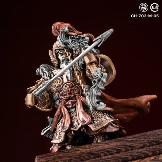 Huang Zhong articulated figure in a dynamic pose holding its arrow diagonally across the shoulder, dark red backdrop