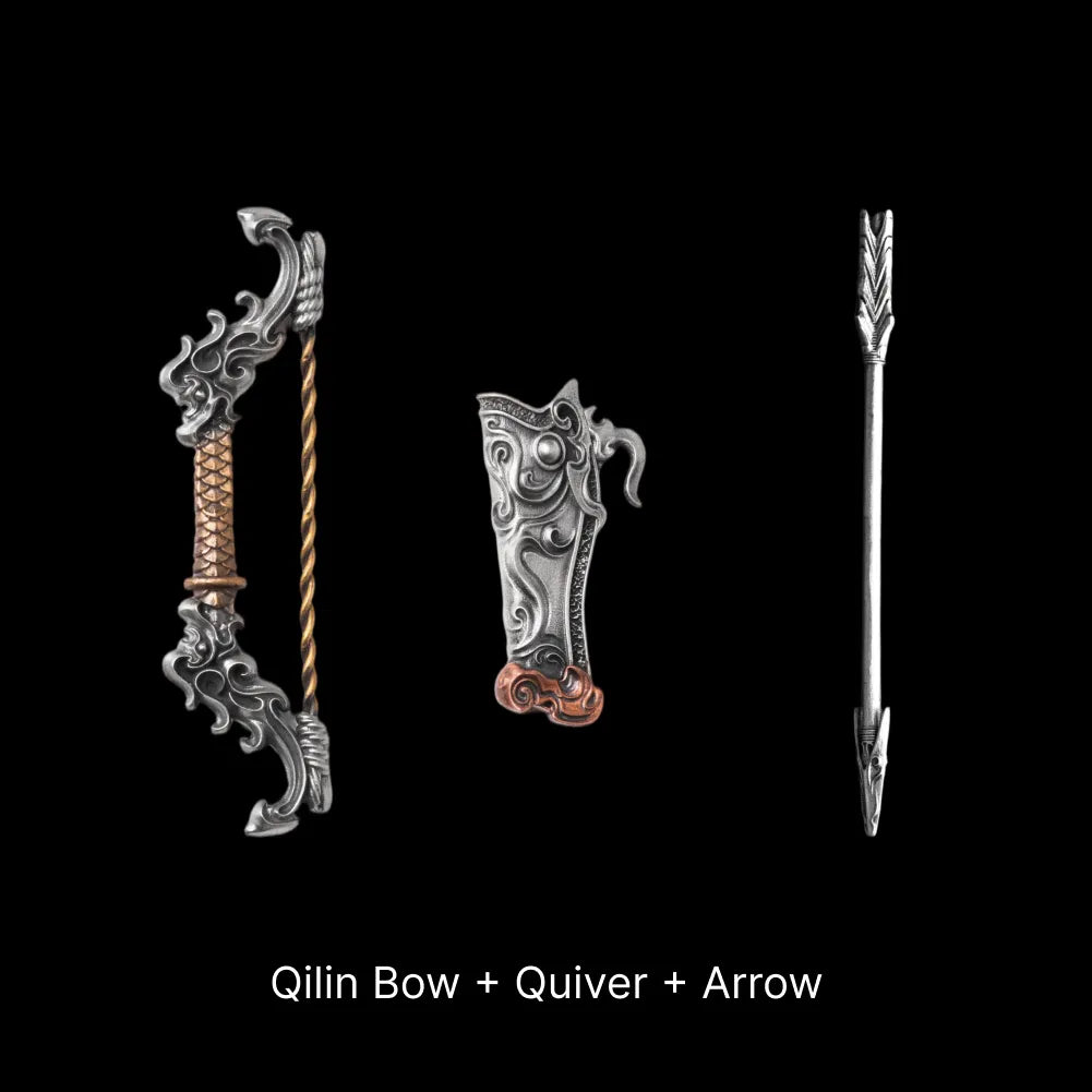 Huang Zhong Qilin Bow with quiver and arrow sold on their own, bronze and white bronze finish