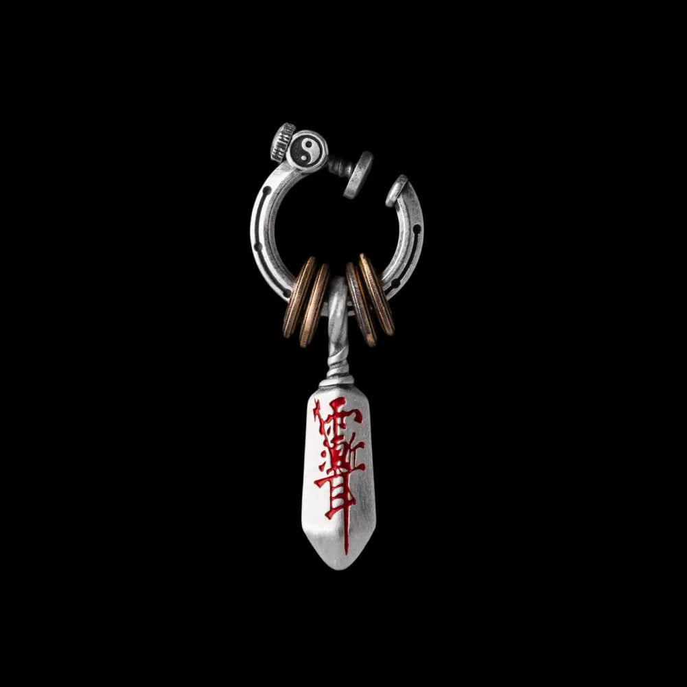 Masterblade talisman clip-on earrings in Ox.Silver and Brass and Cinnabar / Single