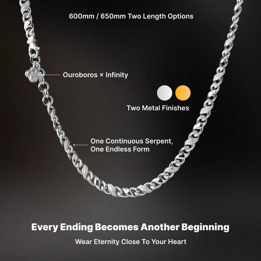 Ouroboros Infinity Necklace product view in silver-tone finish