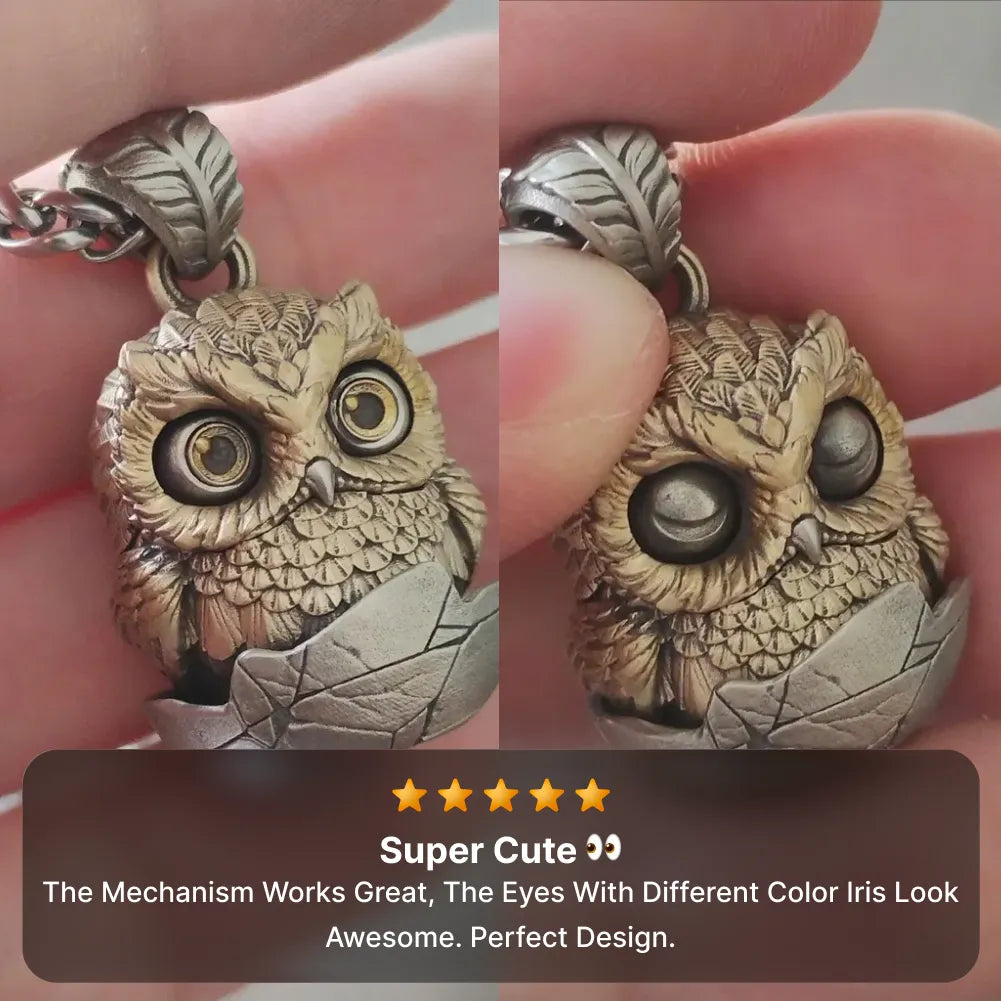 Owl fidget pendant blinking eyes close up