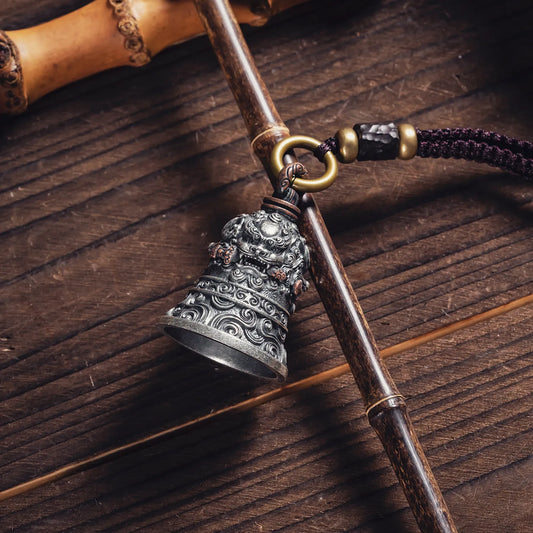 Oxidized Silver with Copper Lion-Biting Sword Bell Details 02