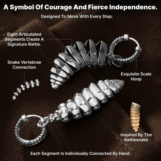 Rattlesnake Tail Earrings in White Bronze with Oxidized Sterling Silver Pins, articulated segments, scale hoop and rattlesnake-tail construction shown in an infographic.
