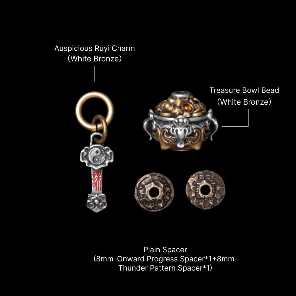 Ruyi Charm Pendant in White Bronze, Cinnabar — With Treasure Bowl Bead Set