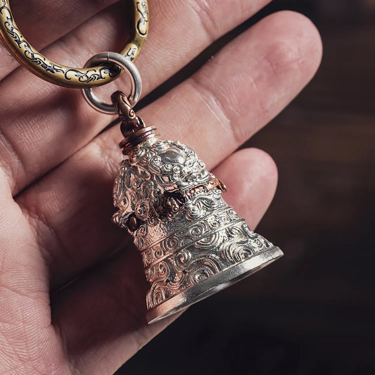 Silver with Copper Lion Biting Sword Bell Details 02