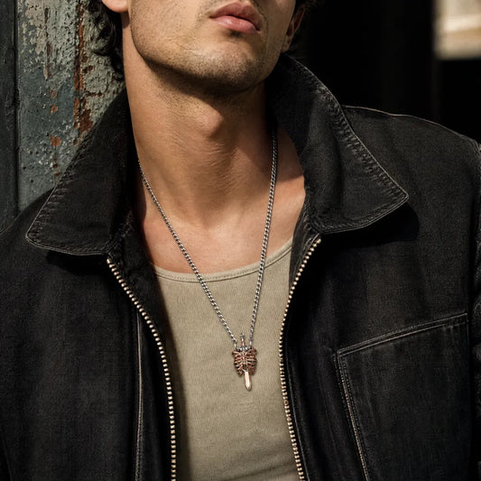 Copper and white bronze Beating Heart Pendant necklace worn with a jacket