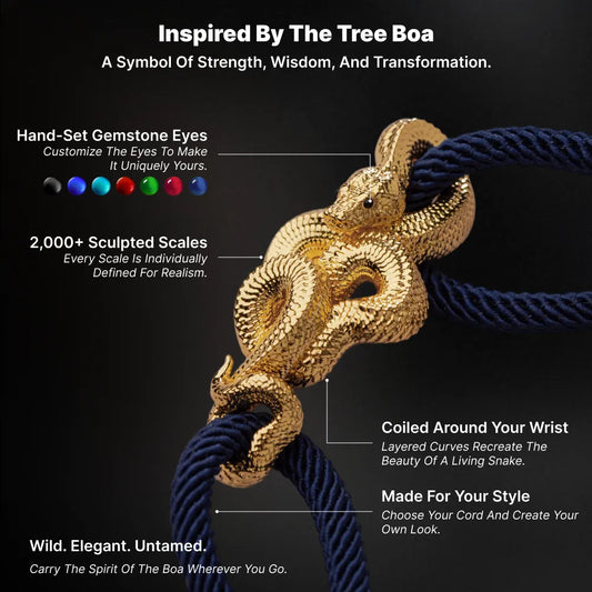 Tree Boa Rope Bracelet in 24K Gold Plated Brass, design features, sculpted scales and cord color choices shown in an infographic.
