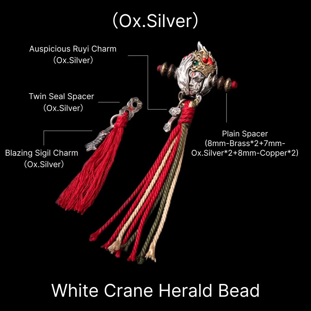 White Crane Herald Bead in Oxidized Silver, Brass, Cinnabar — With Ruyi, Twin Seal & Crane Tassels