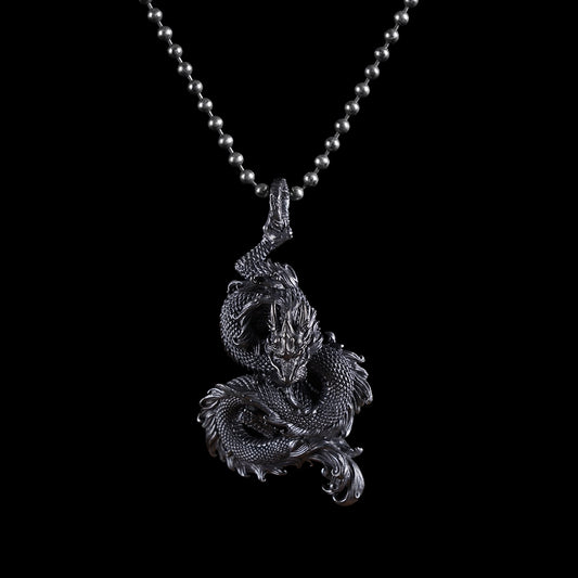 Oxidized Silver Dragon Pendant Necklace