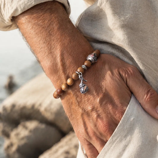 Trickster Gourd Charm On Wrist With Wood Bead Bracelet