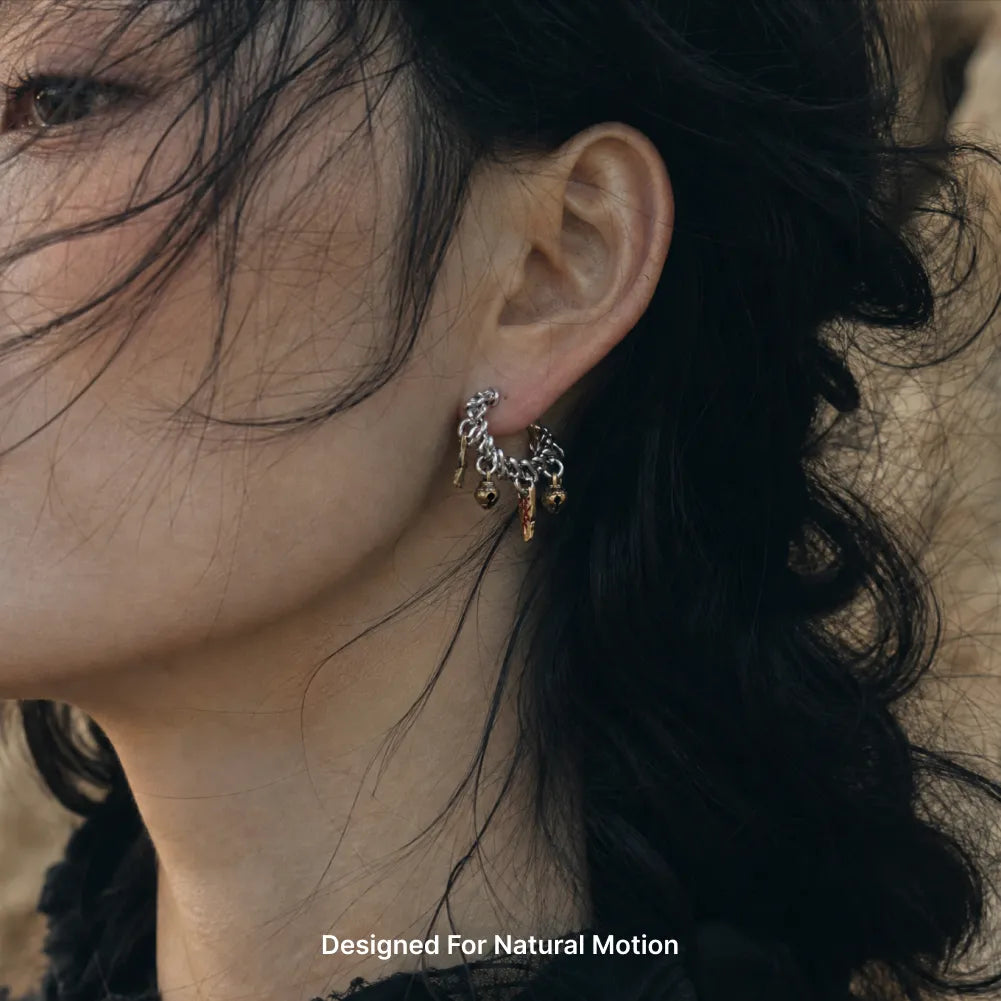 04 Celestial Chime Ear Clips Oxidized Silver Model Wearing Side View