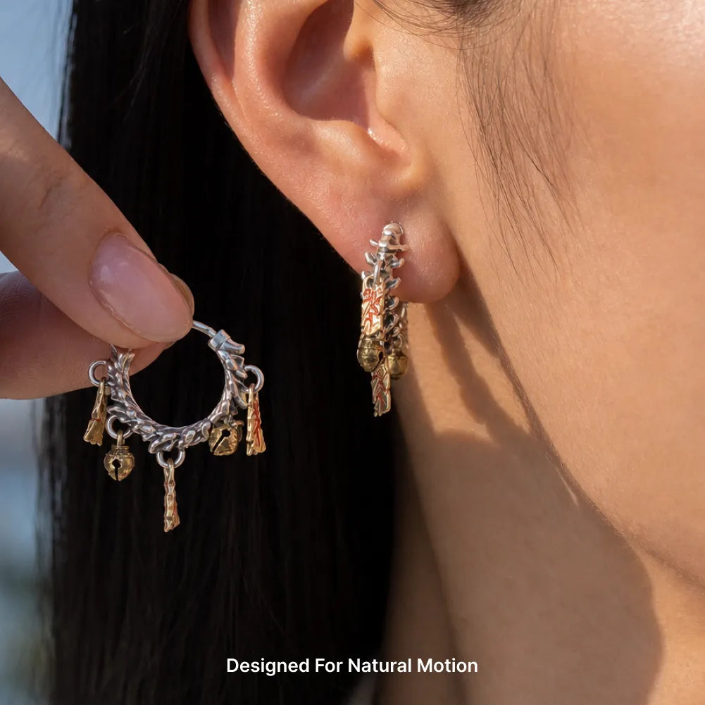 04 Celestial Chime Earrings Oxidized Silver Model Wearing Warm Light