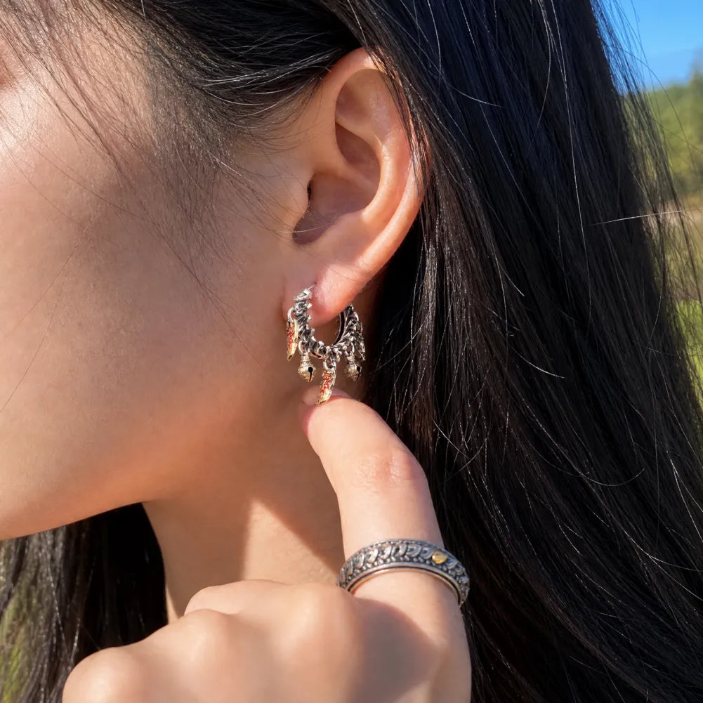 05 Celestial Chime Earrings Oxidized Silver Model Wearing Rear Close Up