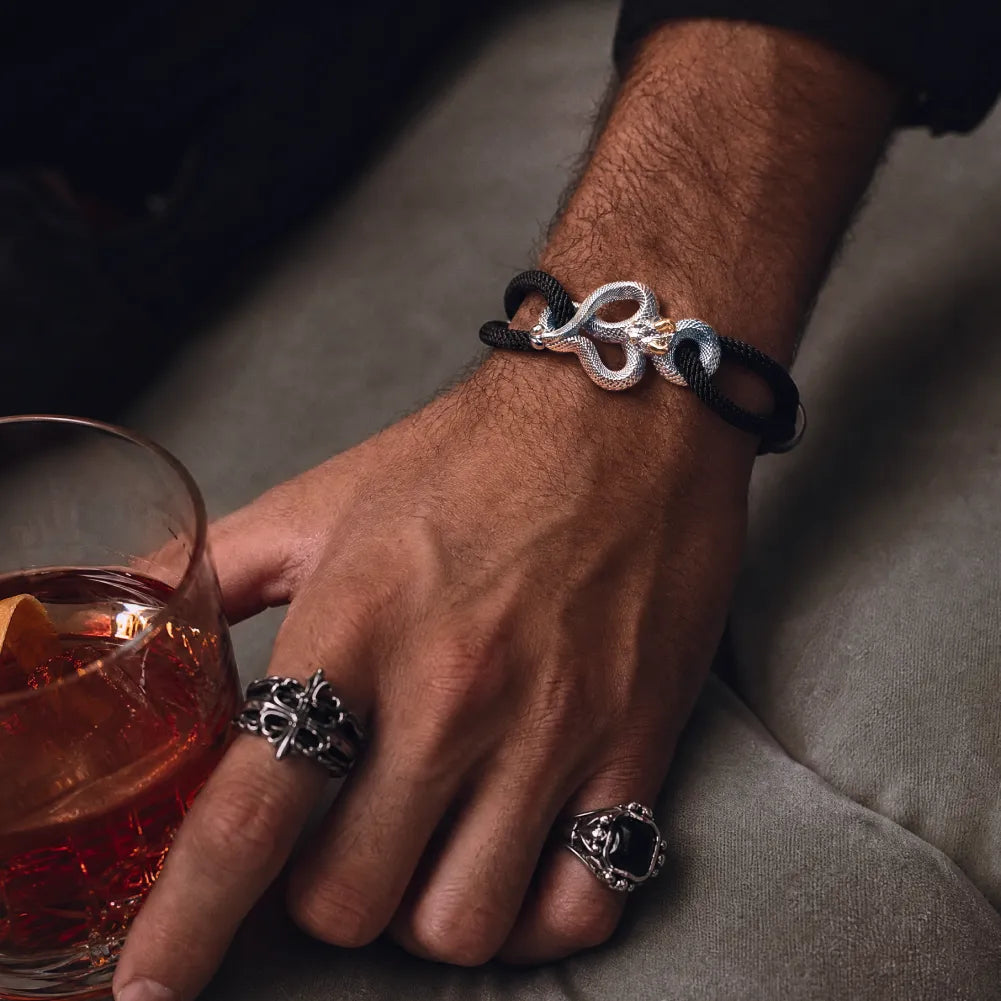 Demon Serpent Rope Bracelet 18K White Gold Plated White Bronze 24K Gold Plated Silver Mens Wrist Close Up Lifestyle