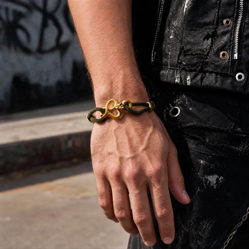 Demon Serpent Rope Bracelet 24K Gold Plated Brass 18K White Gold Plated Silver Mens Wrist Close Up Lifestyle