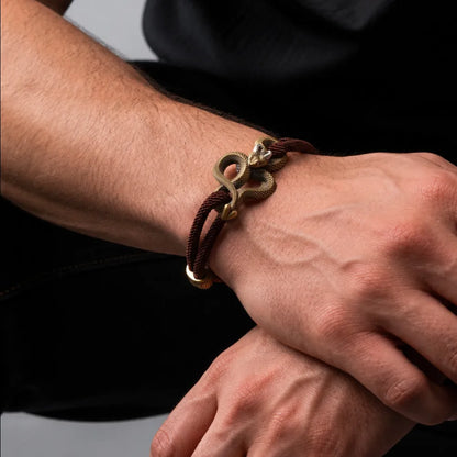 Demon Serpent Rope Bracelet Brass Ox Silver Mens Wrist Close Up Lifestyle
