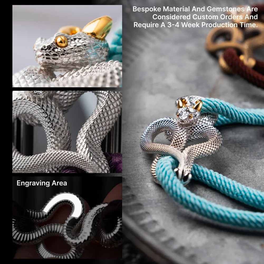 Demon Serpent Rope Bracelet 18K White Gold Plated White Bronze 24K Gold Plated Silver Custom Gemstone And Engraving Details
