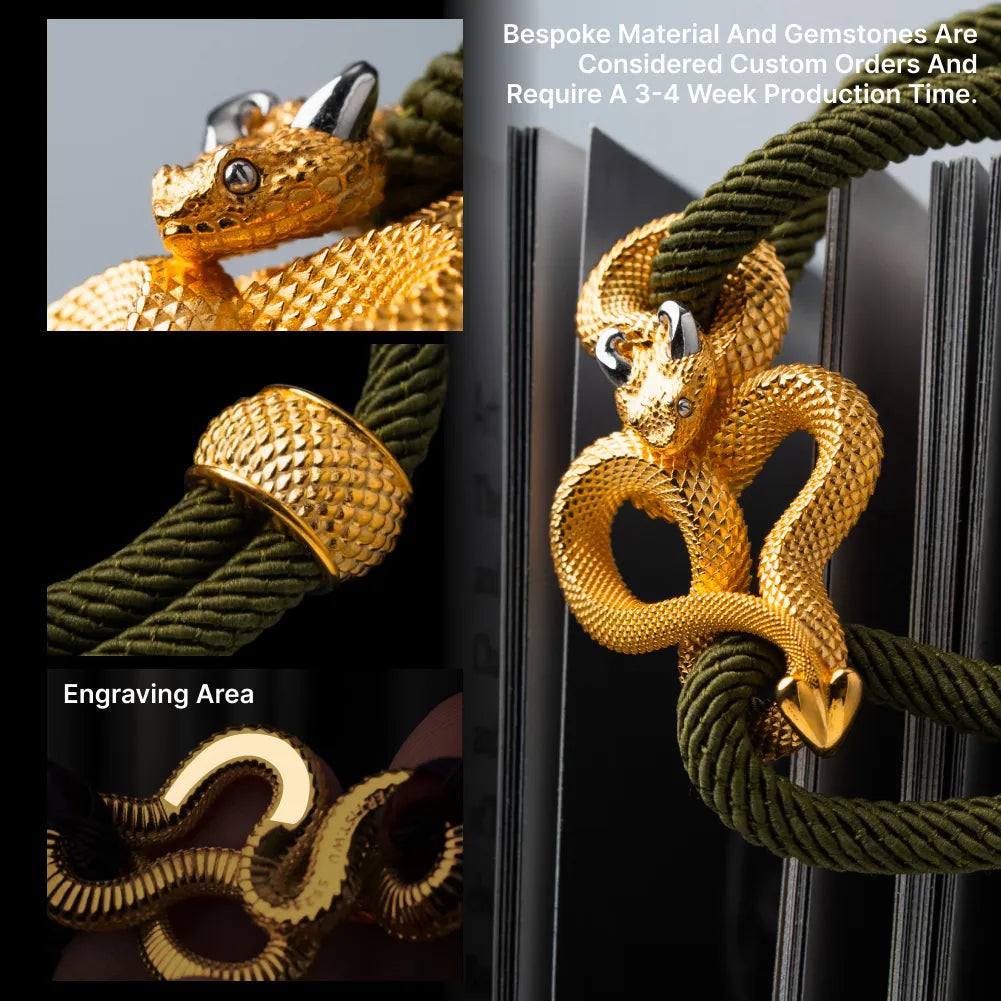Demon Serpent Rope Bracelet 24K Gold Plated Brass 18K White Gold Plated Silver Custom Gemstone And Engraving Details