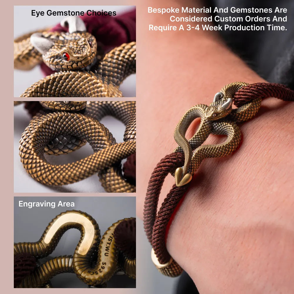 Demon Serpent Rope Bracelet Brass Ox Silver Custom Gemstone And Engraving Details